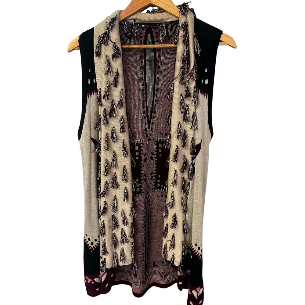 Gypsy 05 Boho Fringe Knit Vest Southwestern Open Front Size L